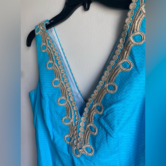 Lilly Pulitzer Bentley Shift Dress Searulean Blue Gold Embroidered Size 10 - Picture 3 of 13